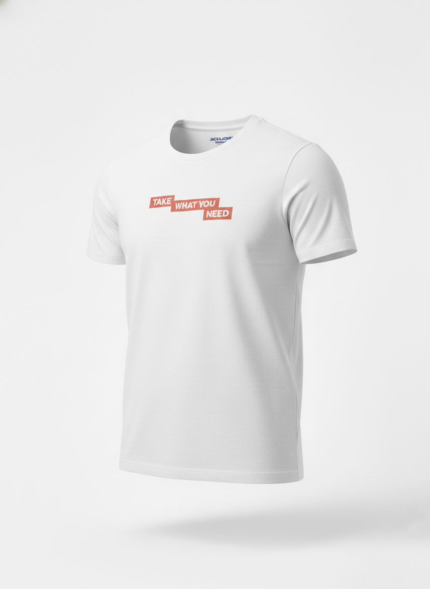 JACK & JONES PRINTED ROUND NECK T-SHIRT FOR MEN - '' TAKE WHAT YOU NEED''  | WHITE
