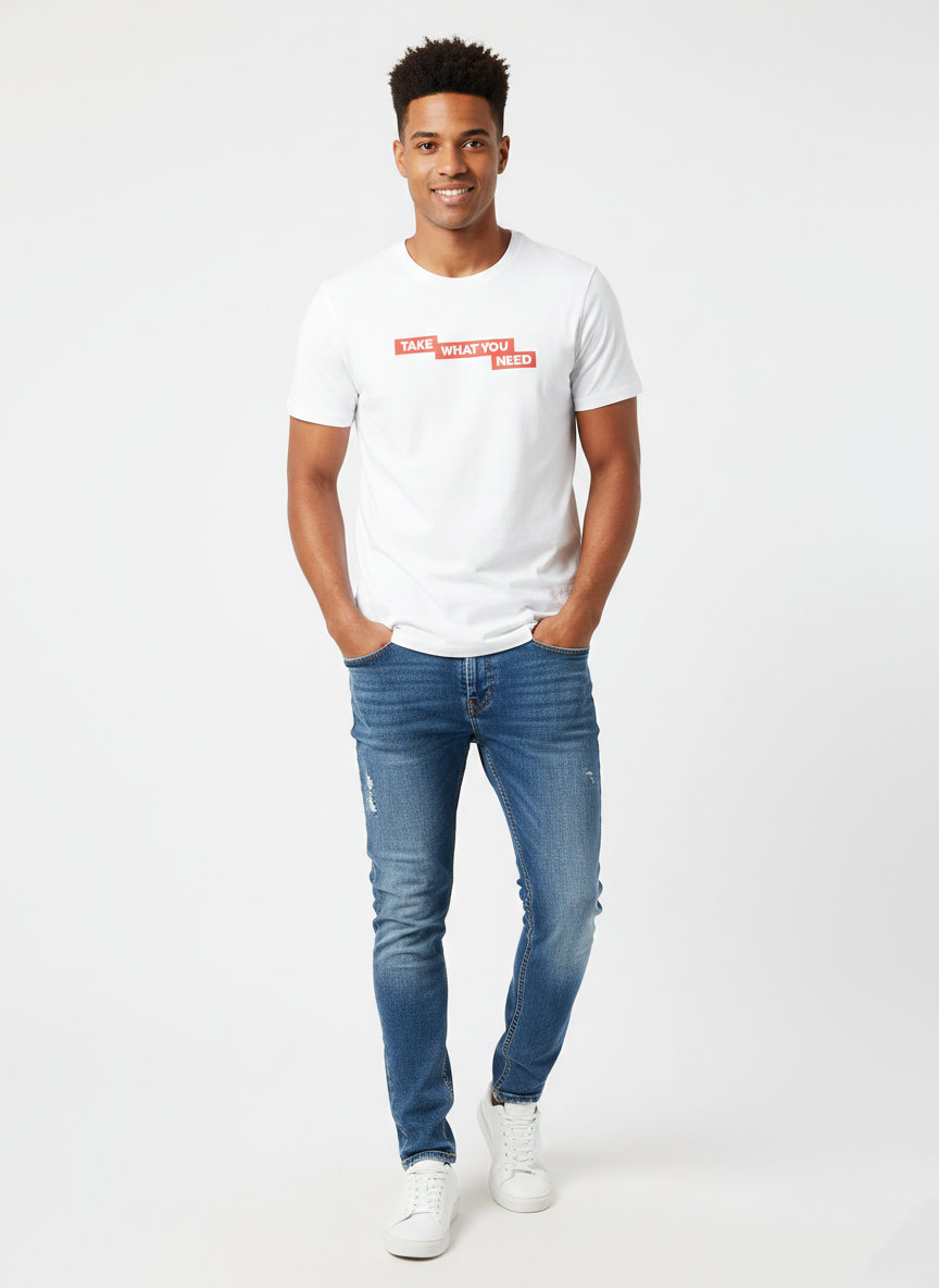 JACK & JONES PRINTED ROUND NECK T-SHIRT FOR MEN - '' TAKE WHAT YOU NEED''  | WHITE