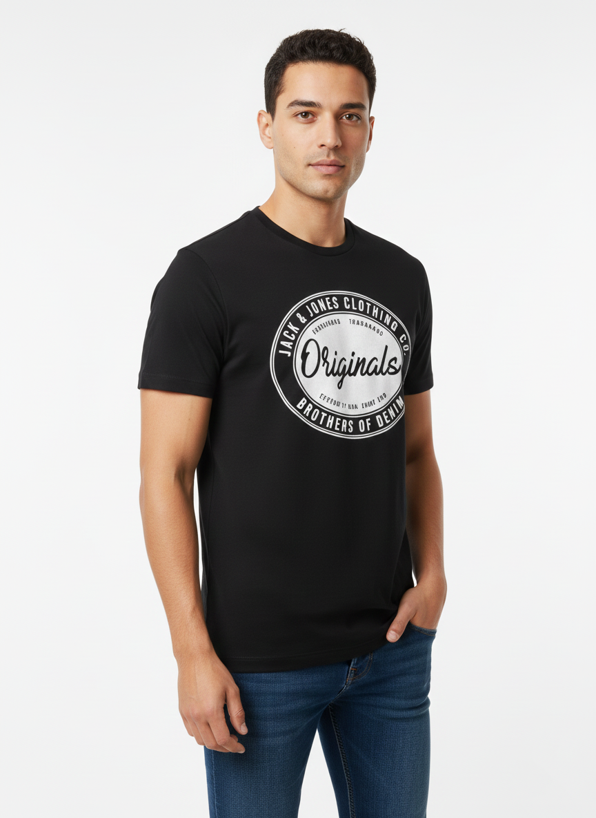 JACK & JONES ORIGINALS BLACK GRAPHIC T-SHIRT FOR MEN
