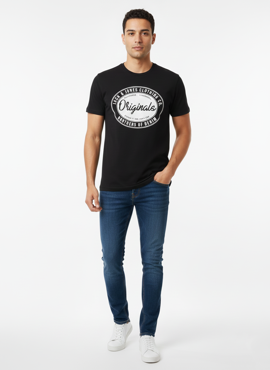 JACK & JONES ORIGINALS BLACK GRAPHIC T-SHIRT FOR MEN