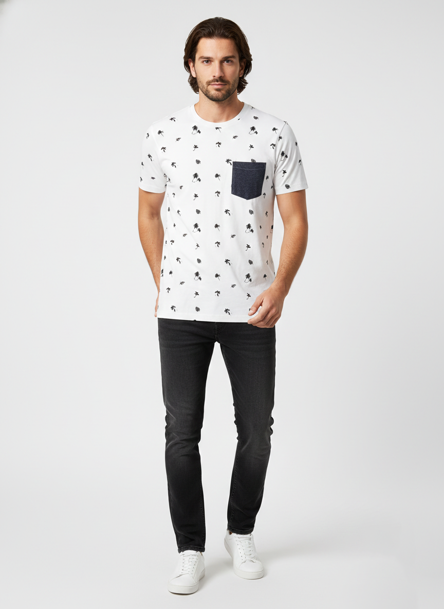 JACK & JONES MEN’S WHITE PRINTED T-SHIRT WITH CONTRAST POCKET | WHITE