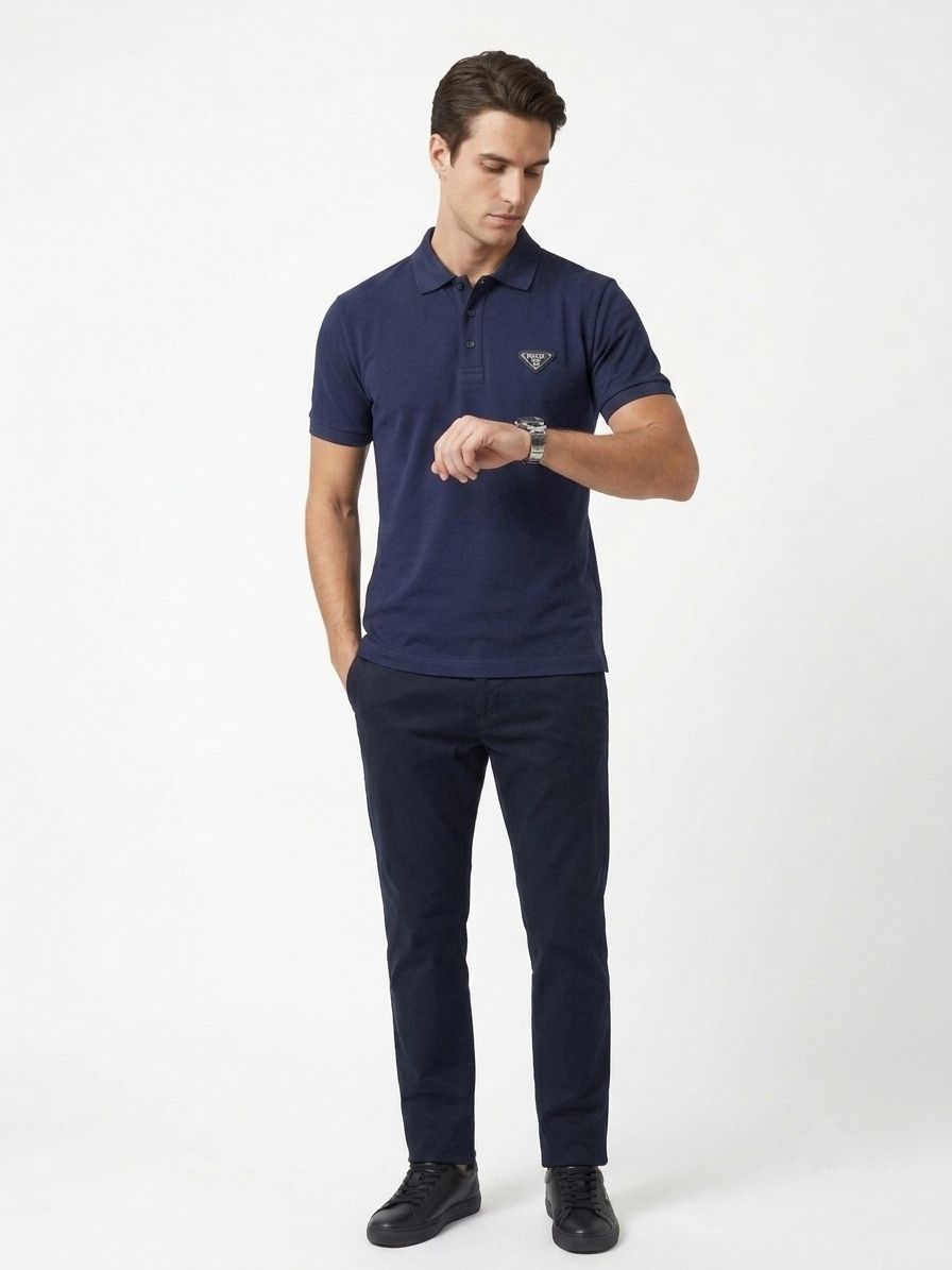 PRADA PIQUE MEN'S PLAIN TRIANGLE LOGO POLO | NAVY BLUE