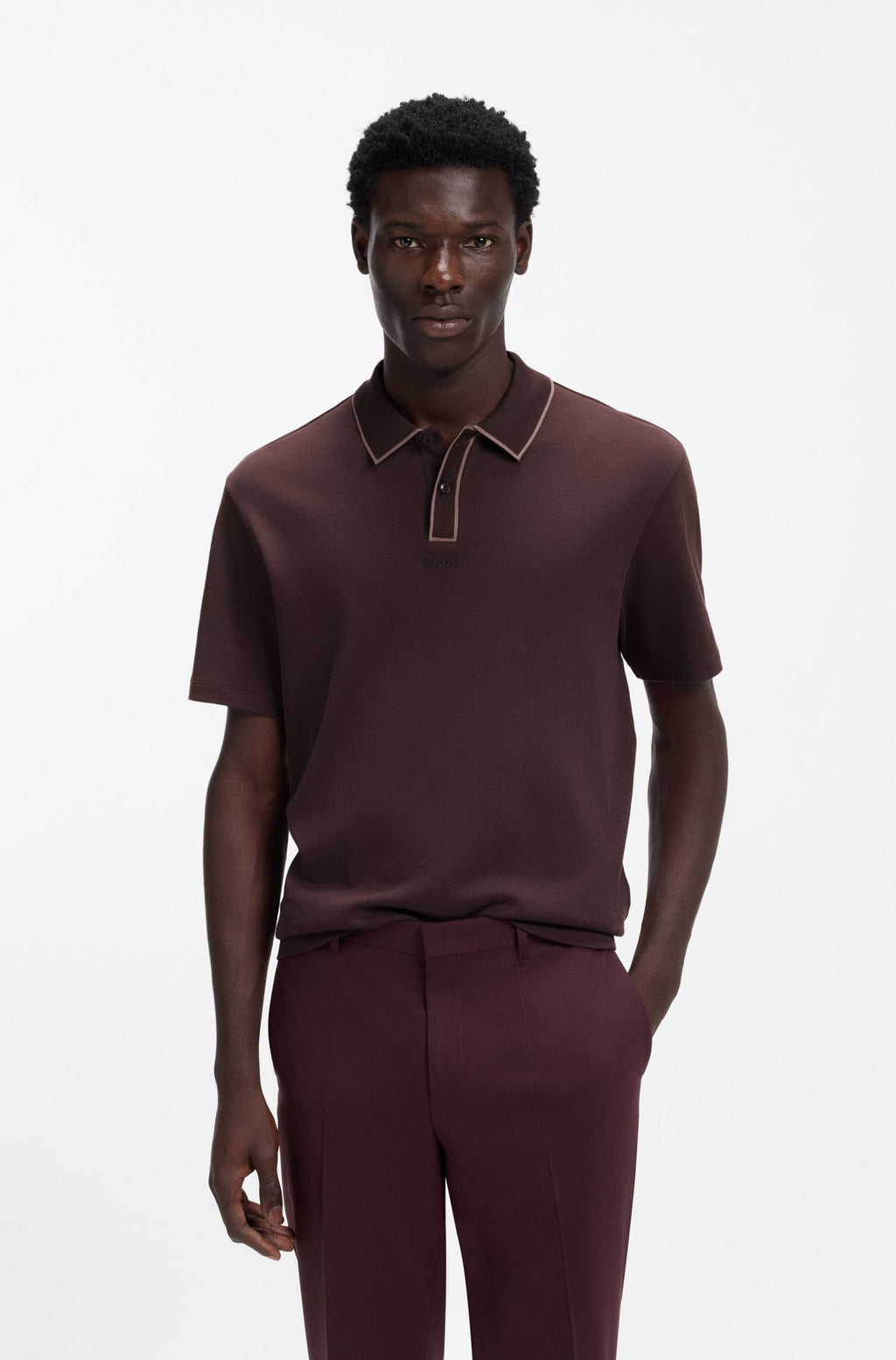 HUGO BOSS LUXURY CUXURY COTTON POLO SHIRT WITH CONTRAST TRIMS | DARK MAROON