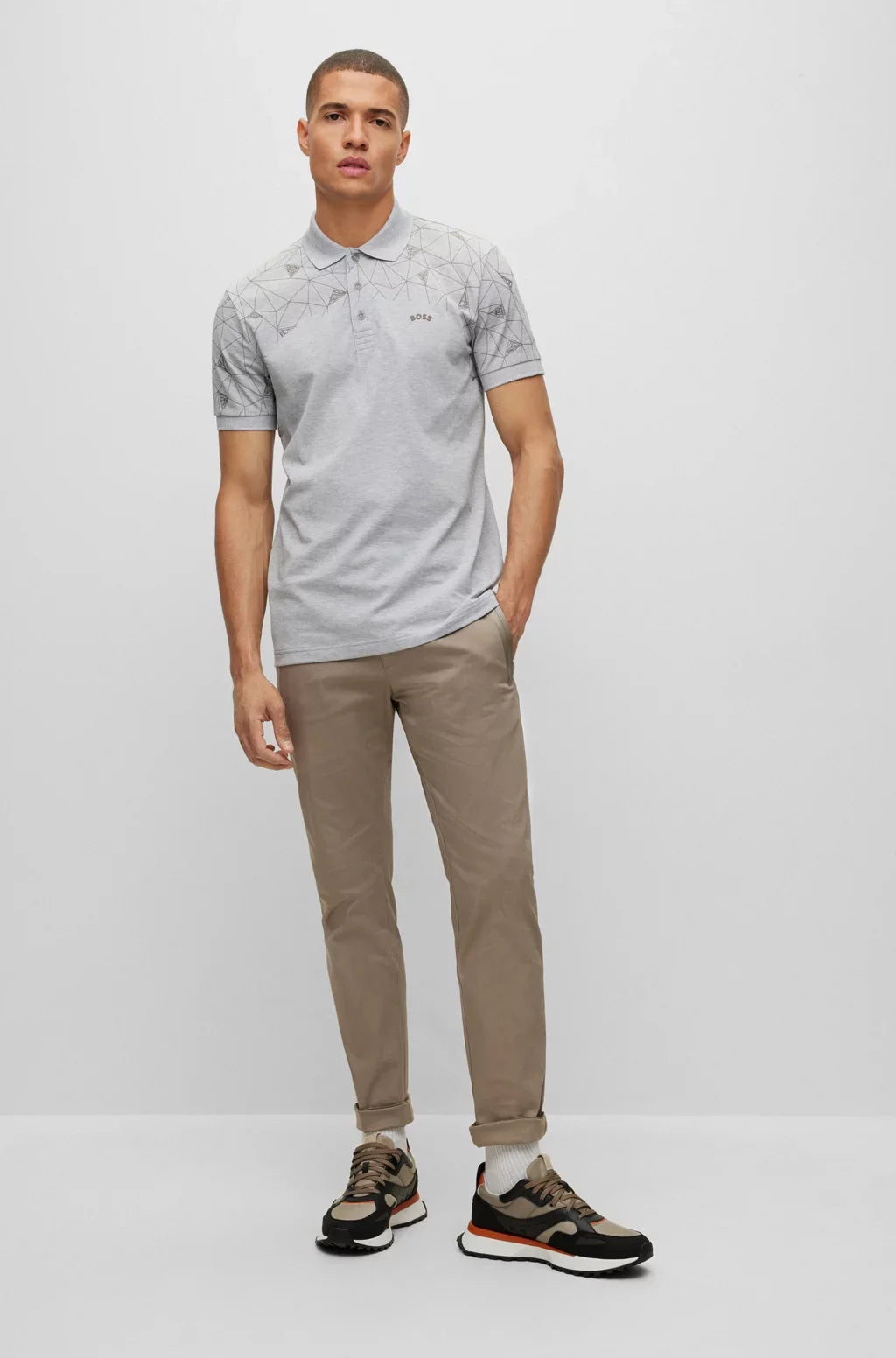 HUGO BOSS. COTTON REGUAR-FIT POLO SHIRT WITH GRID ARTWORK | LIGHT GRAY