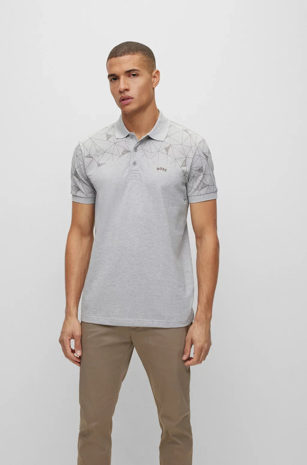 HUGO BOSS. COTTON REGUAR-FIT POLO SHIRT WITH GRID ARTWORK | LIGHT GRAY