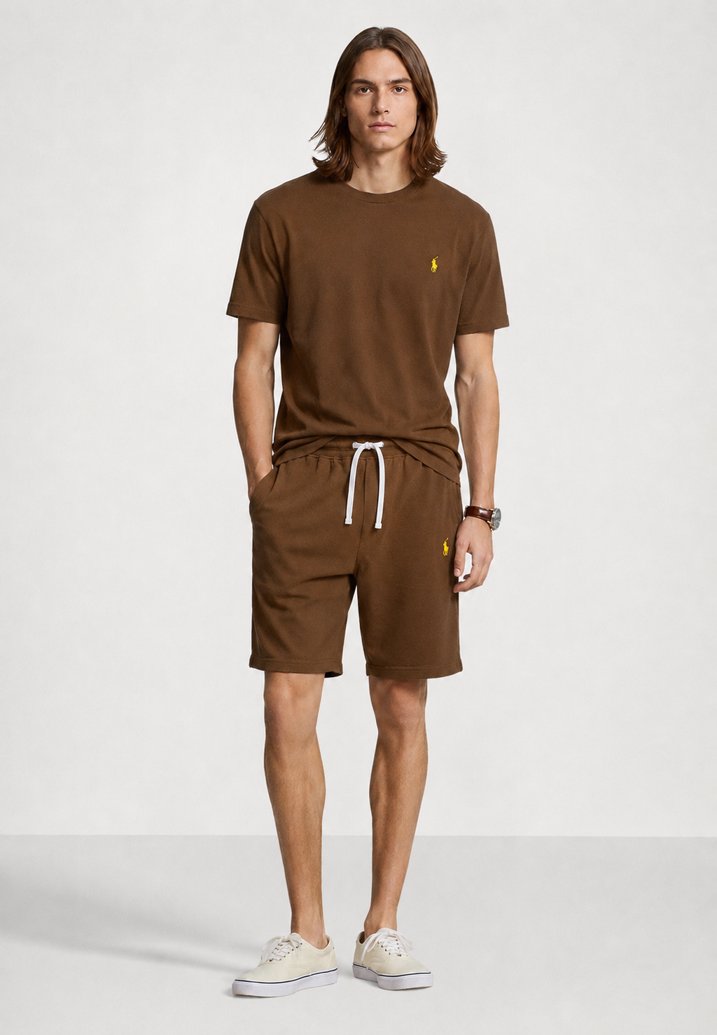 POLO RALPH LAUREN T-SHIRT & SHORT CO-ORD SET CUSTOM SLIM FIT | BROWN