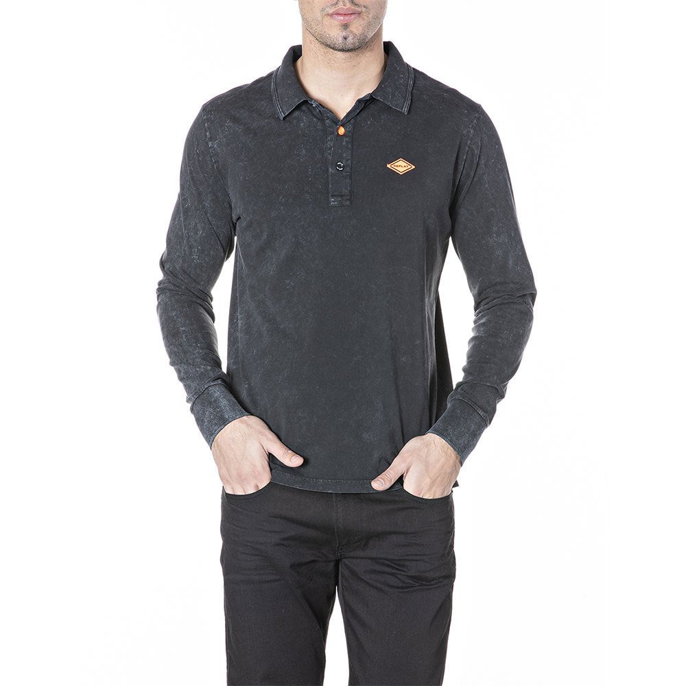 REPLAY DYED C0TT0N PIQUET LONG SLEEVE POLO | GREY / BLACK