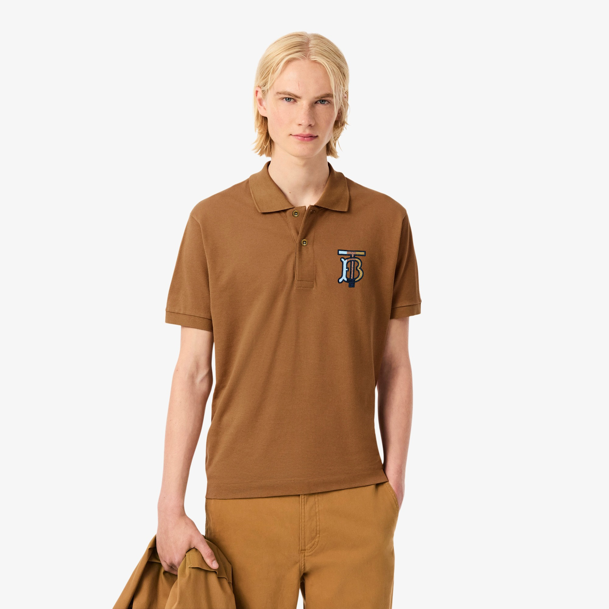 BURBERRY EKD-EMBROIDERED COTTON-BLEND POLO SHIRT | BROWN